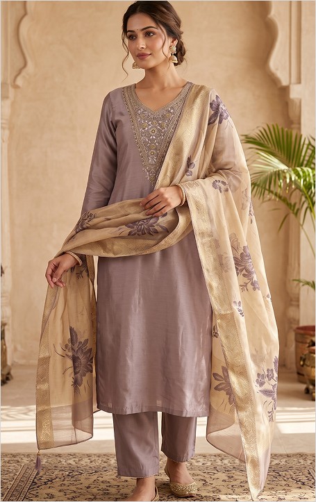 Mauve Chinnon Suit Set with Embroidered Neckline & Floral Dupatta