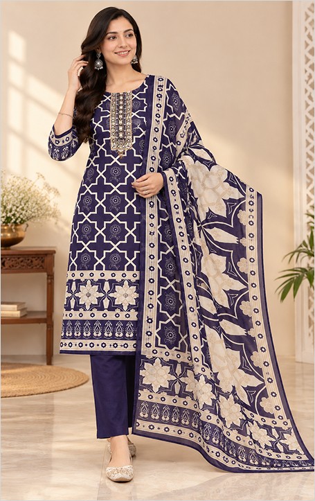 Purple & White Pure Cotton Kurti Set with Elegant Embroidery Work