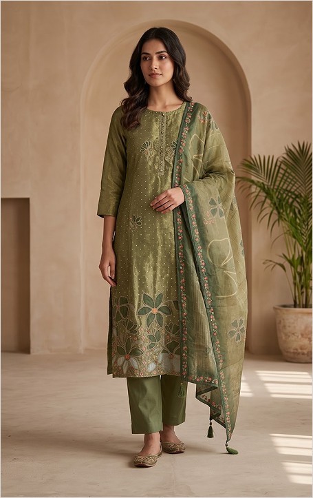 Green Tissue Fabric Kurti Set with Floral Embroidery & Straight Pants for Women