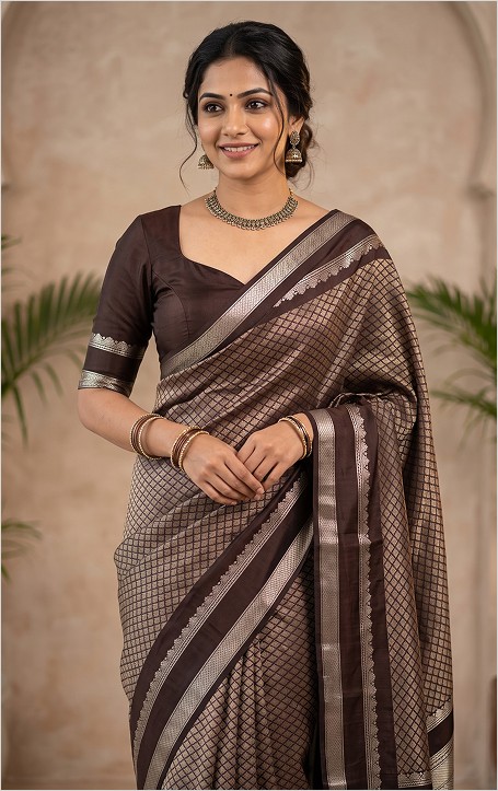Elegant Brown & Gold Traditional Silk Saree with Zari Border