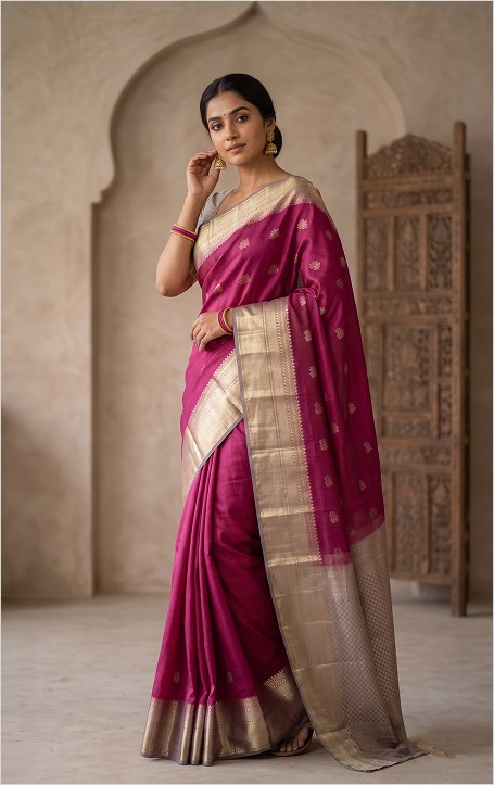 Pinkish purple and gray color combination pure silk Saree paired with stitched blouse