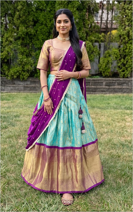 Aqua Blue & Purple Banarasi Silk Lehenga with Golden Border