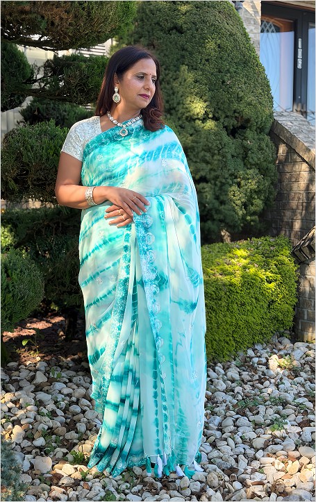 Teal-Blue & White Georgette Shibori Saree with Embroidered Blouse