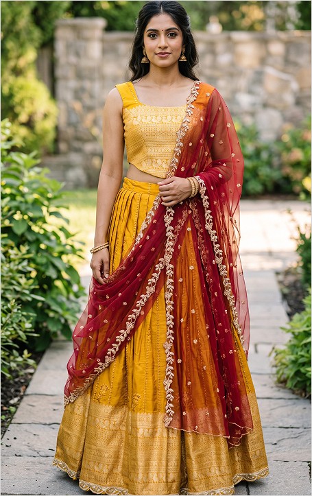 Mustard yellow Chinnon sequined Lehanga with gold border paired with maroon pearl and Zari embroidered work dupatta .